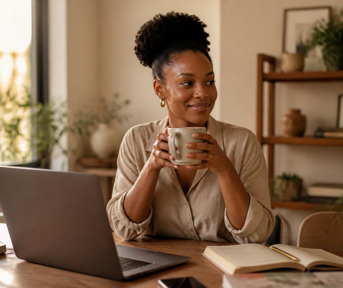 Thaislaine em seu escritório com café e caderno