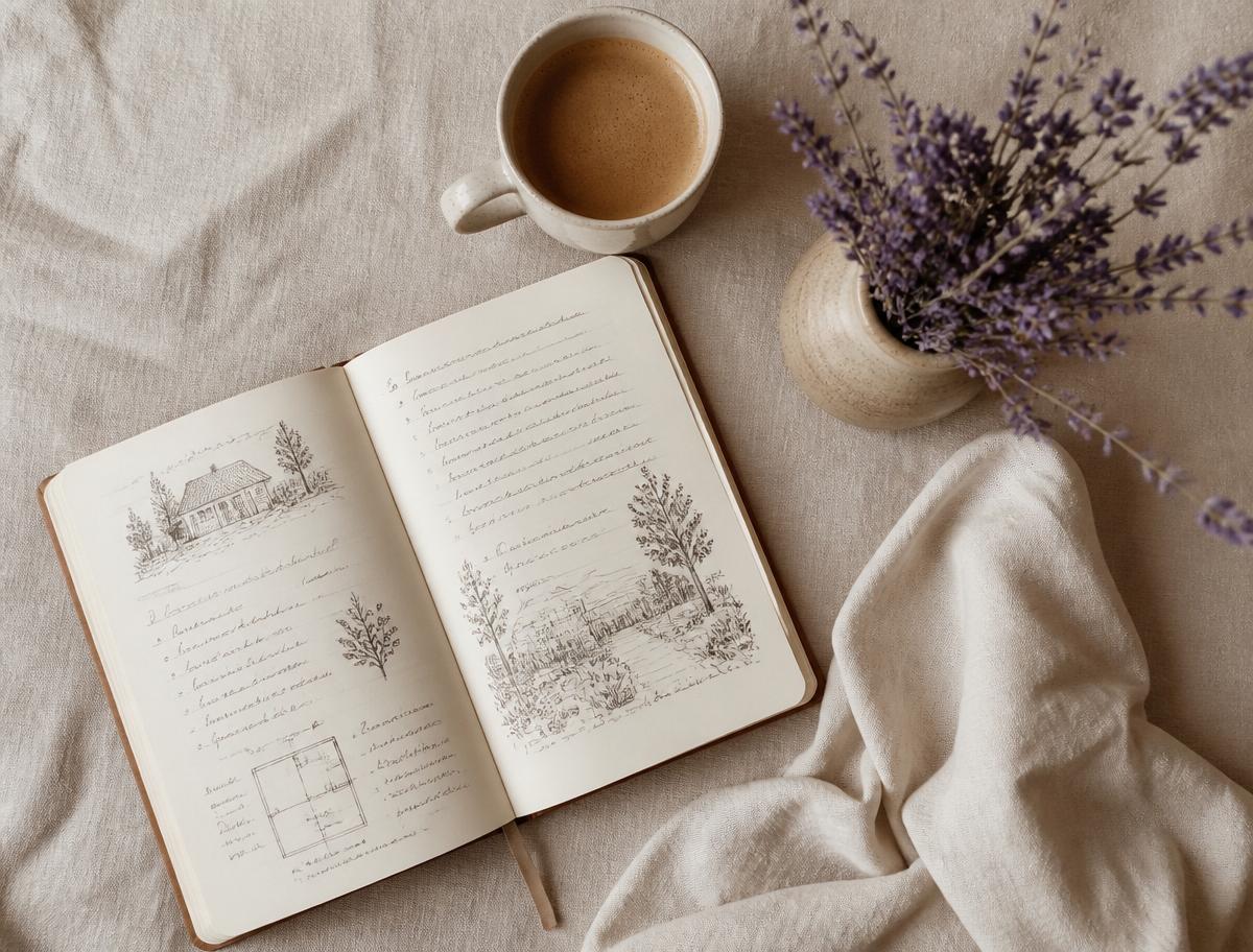 Caderno aberto com café e lavanda